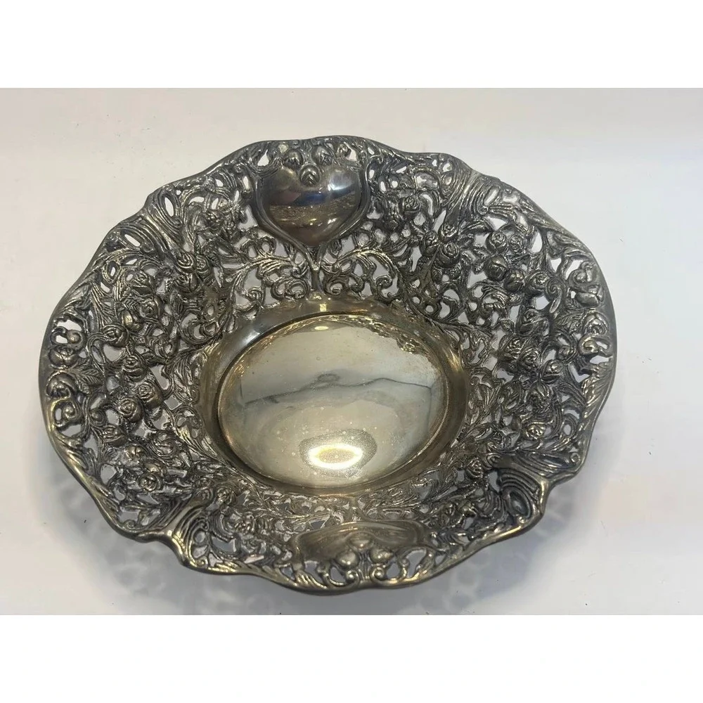 Vintage Silver Tone‎ Repousse Floral Reticulated Decorative Bowl Candy Dish 6